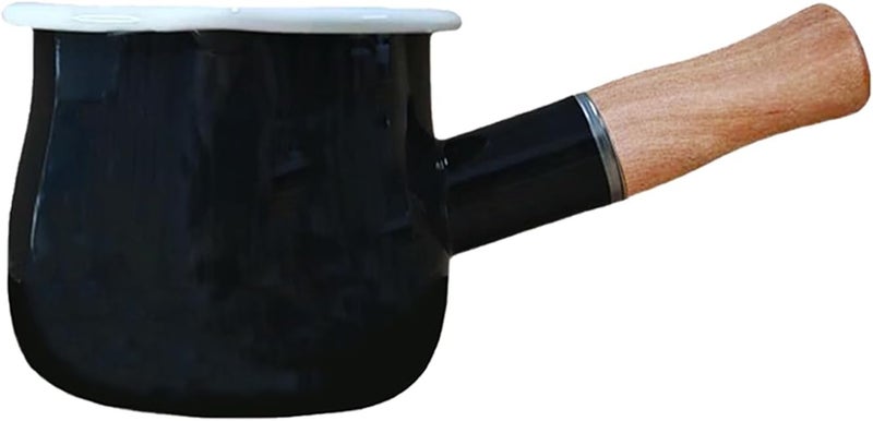 FARCADY 0.6qt Mini Enamel Milk Pot Insulated Wooden Handle 2 Pour Spouts Small Food Warmer Cute Saucepan (D015,BLACK) - Image 1